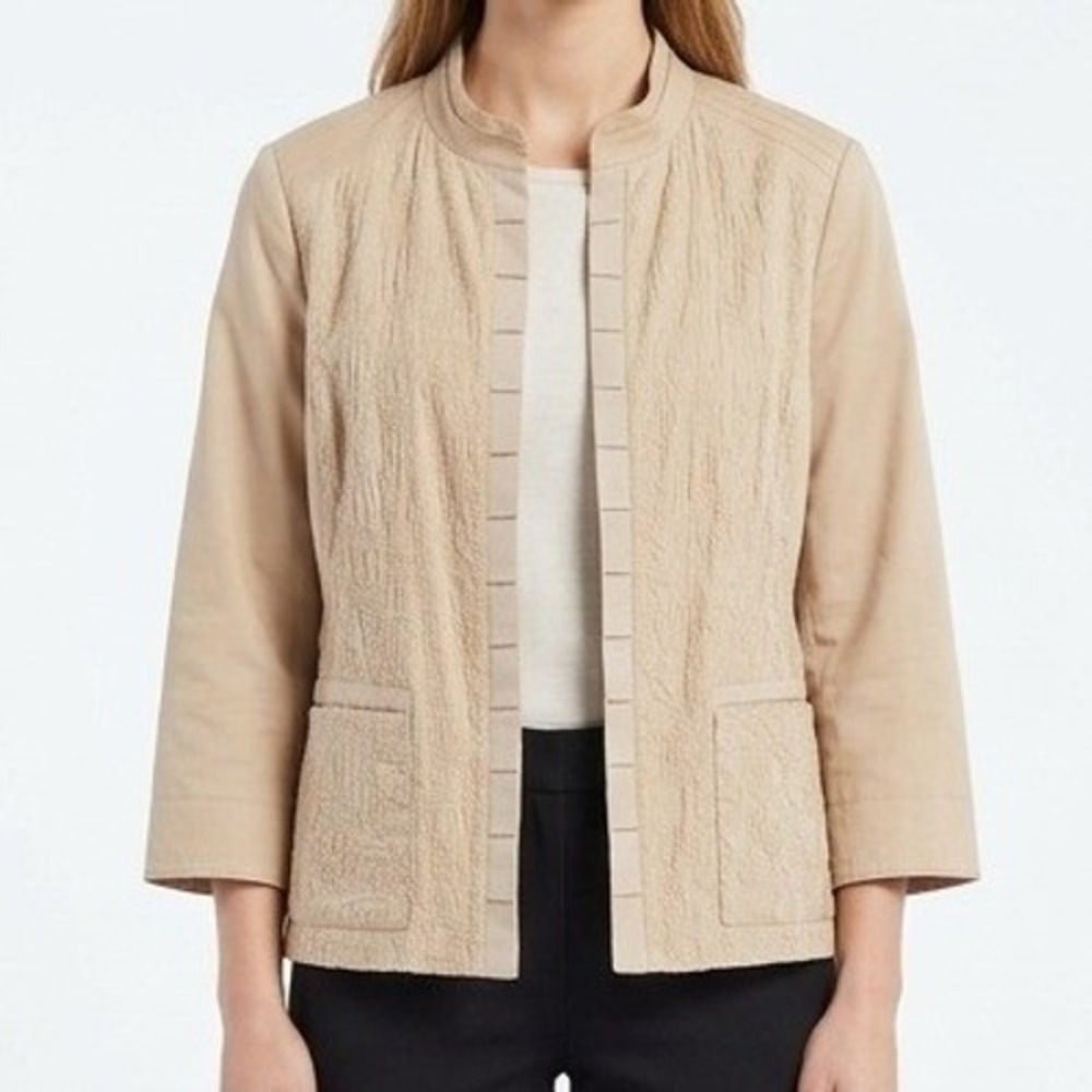 Chico's Open Front Jacket Womens 1 Medium Tan Textured Embroidered Blazer